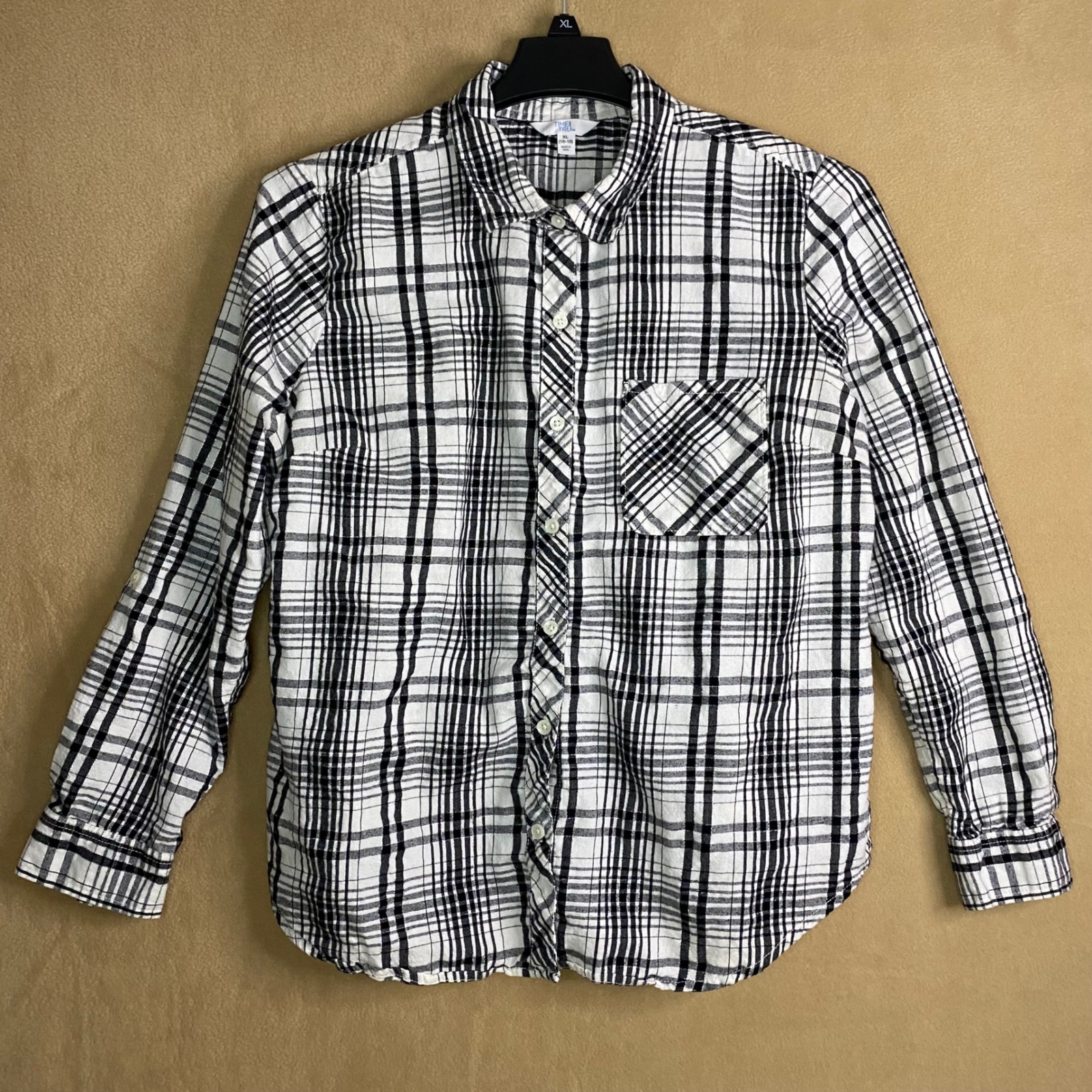 Time & Tru Women's Plaid Long Sleeve Button Up Shirt Top Xl Winter White Black
